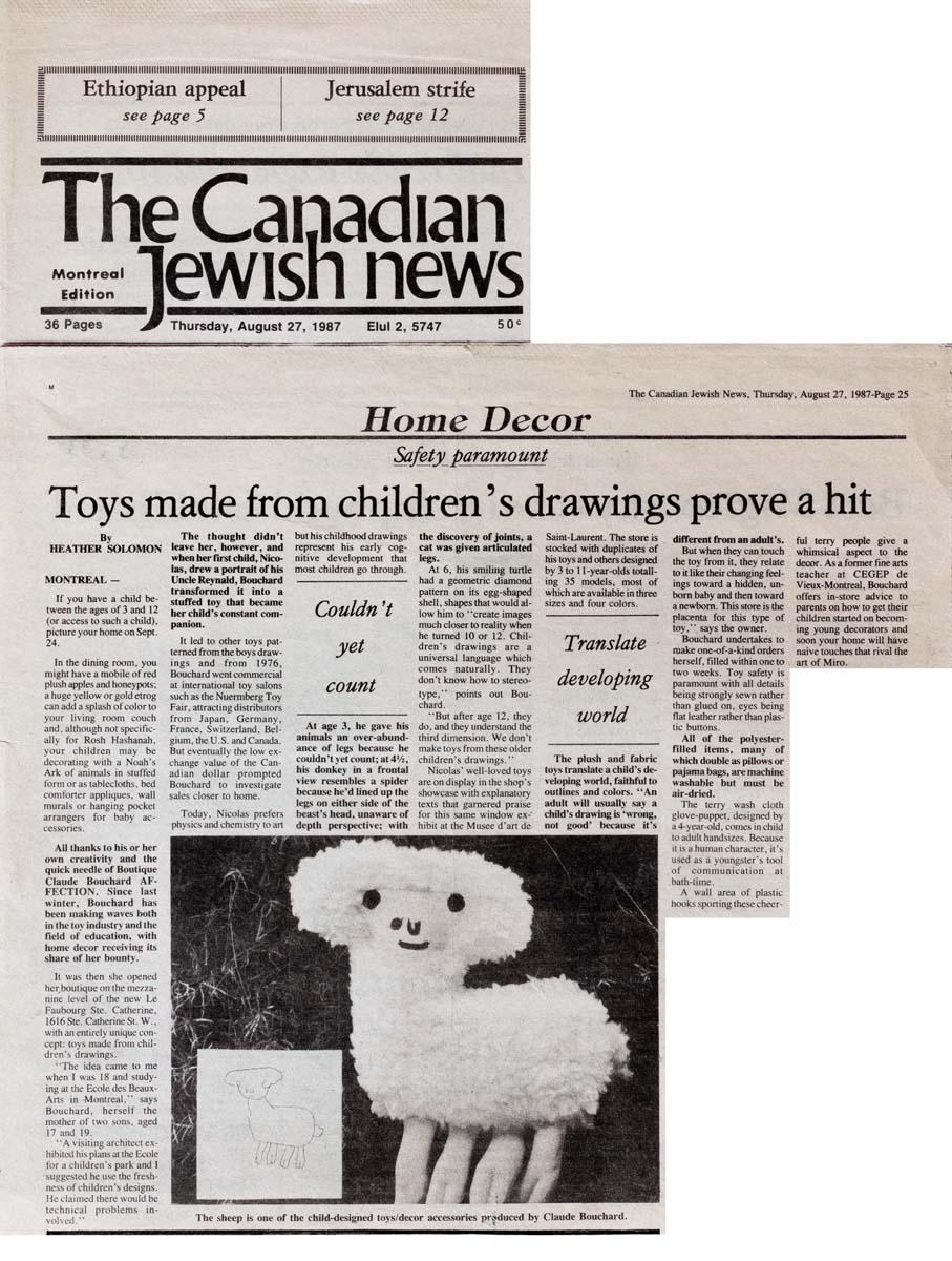 1987 The Canadian Jewish News, « Toys made from children's drawing prove a hit » Heathet Solomon