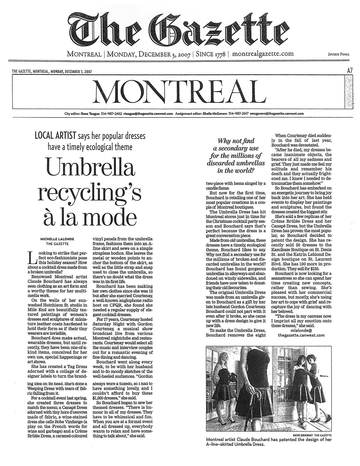 2007 The Gazette, Cahier A, « Umbrella recycling's à la mode » Michèle Lalonde